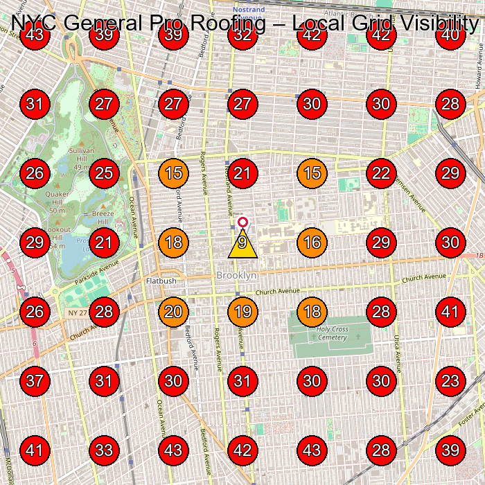 NYC General Pro Roofing GeoGrid visibility map for Roofing Contractor in Brooklyn